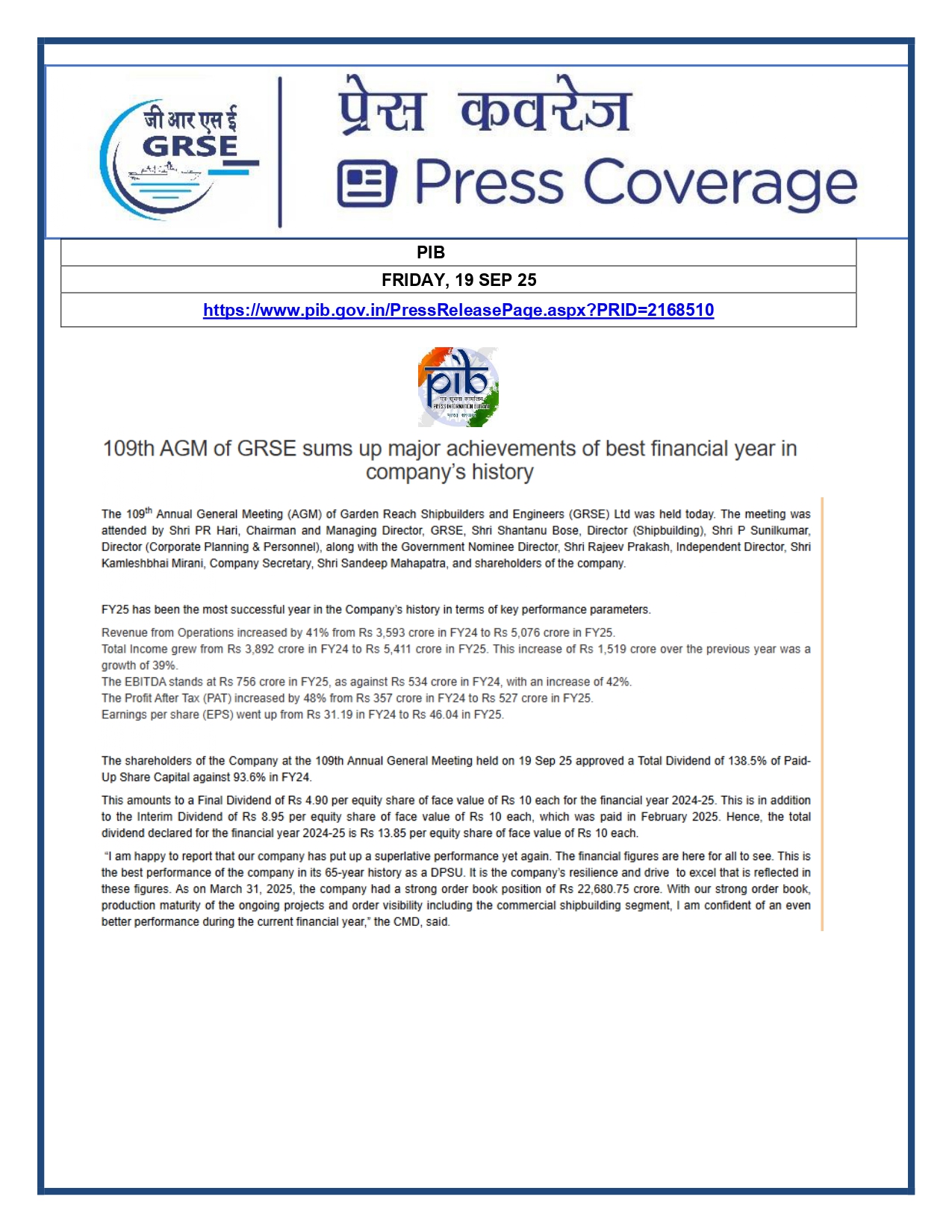 Press Coverage : 19 Sept 25:THE ECHO OF INDIA 